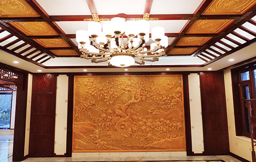 铁山中式别墅客厅中式木作横梁吊顶装饰展示